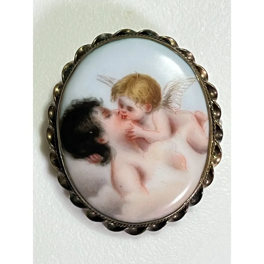 VTG Porcelain Brooch Cupid Kiss Portrait Art Gold Tone Bezel Frame Pin Ceramic